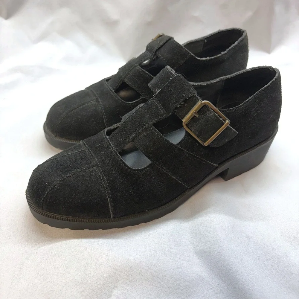 90s Esprit Reflector 74070 Shoes Womens 6 Black Good Vintage Suede Lug Mary Jane
